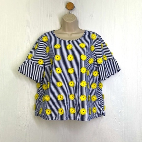 Talbots - Blue Stripe W/ Yellow Appliqués Short Sleeve Blouse Size Large Petite - Picture 2 of 12